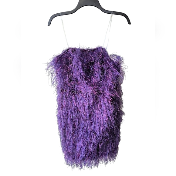 Double Crazy Chic Clear Straps Purple Fuzzy Metallic Faux Feather Mini Dress M - Picture 10 of 11